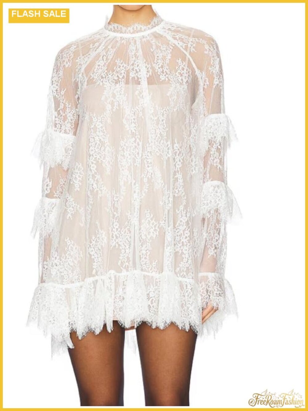 See Through Long Sleeve Lace Mini Dress Ruffle Layered Sheer Cover Up